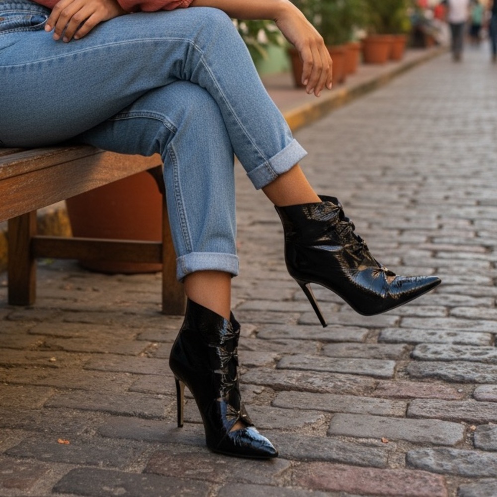 Oscar de la Renta Glossy Black Heeled Boots